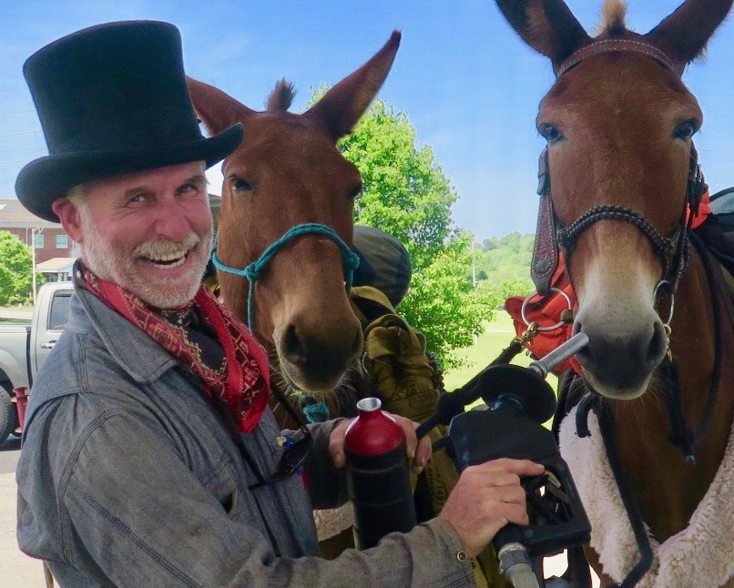 Bernie Harberts, mule, trail ride, gas pump