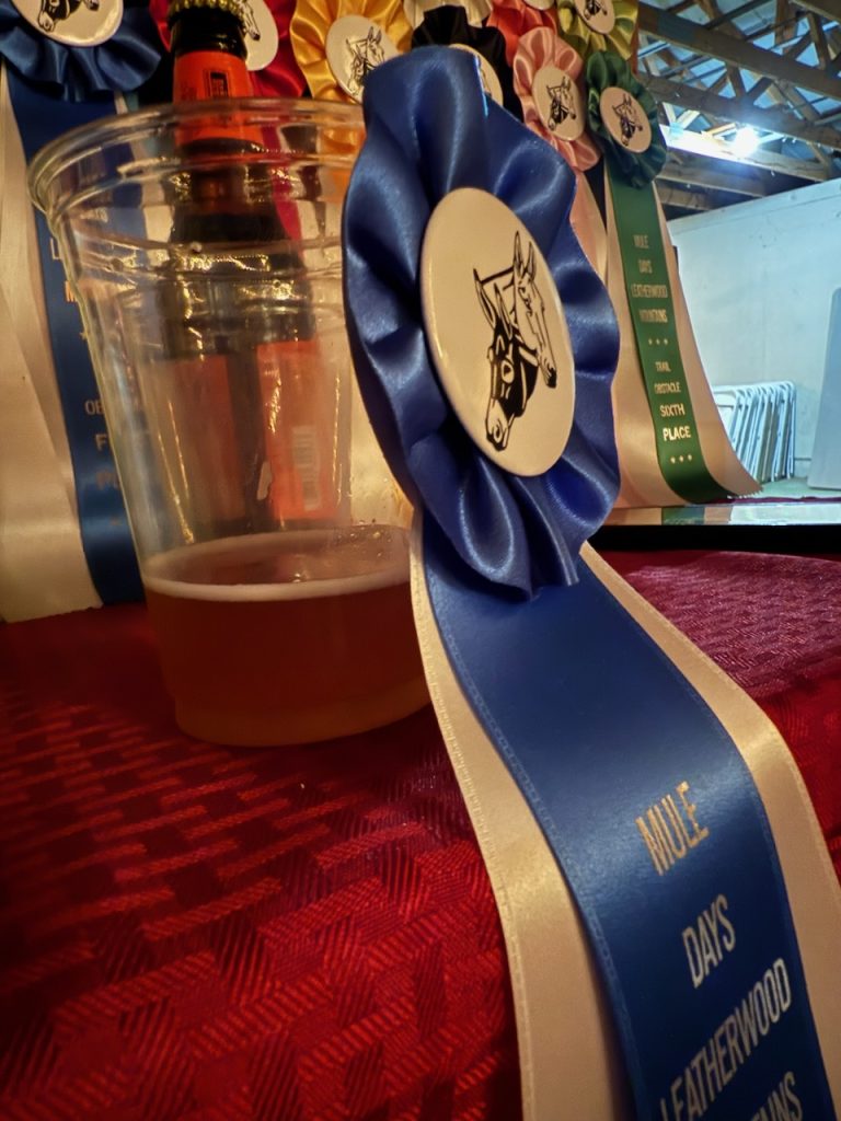 Ribbon awarded to Tollie Mitchell for his home made IPA at Mule Days at Leatherwood