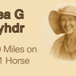 5,000 Miles Across America on a One-dollar Horse Sepia image of Sea G Rhydr, Long Rider, who road here horses Jesse James and Saint Finehorn 5,000 miles across America.
