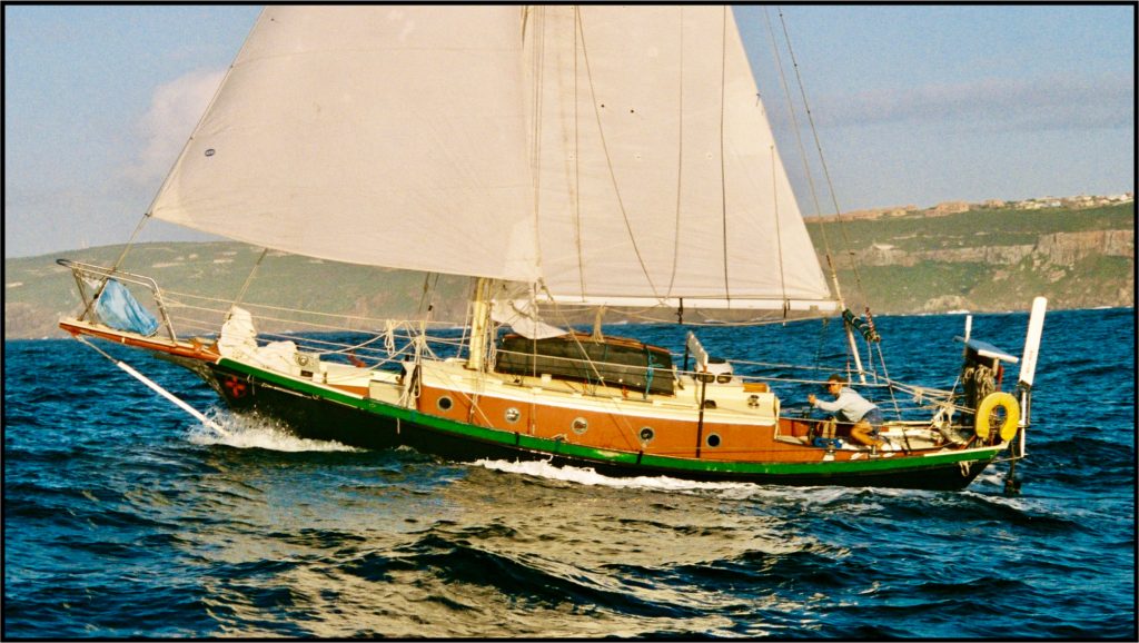 Bernie Harberts' sailboat Sea Bird sailing around the Cape of Good Hope, South Africa